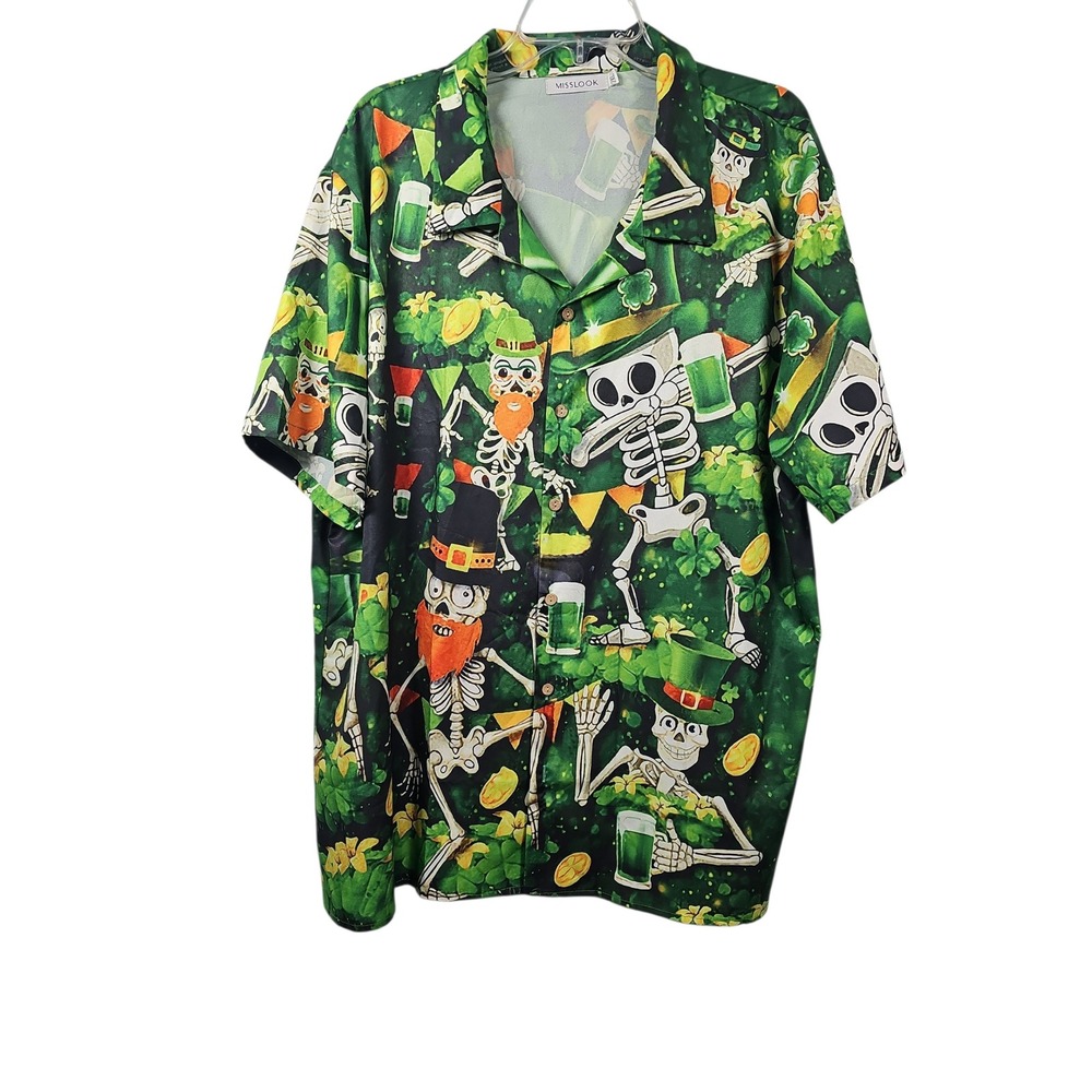 Misslook St Patricks Day Skeleton Leprechaun Button Down Shirt Mens 2XL